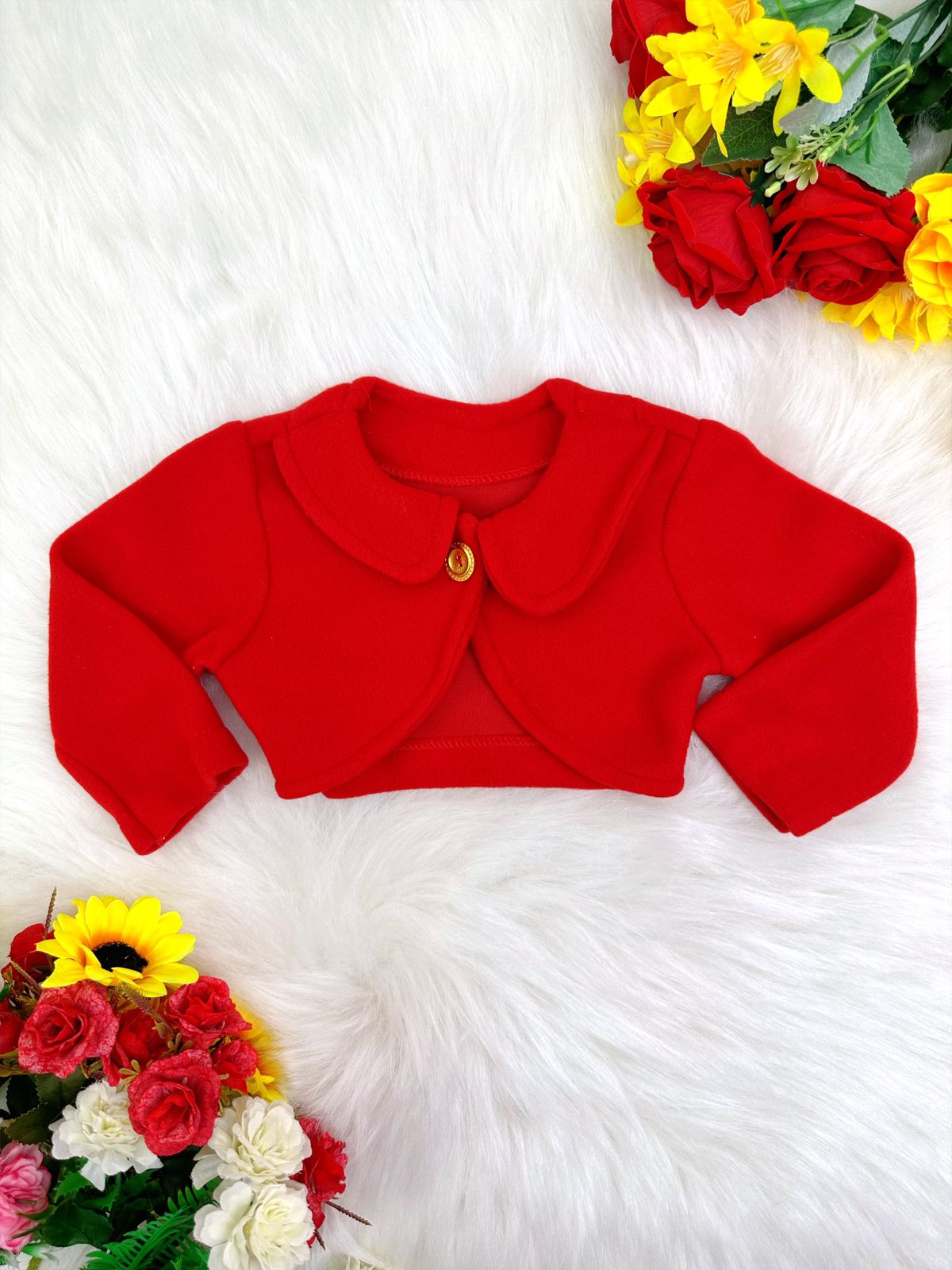 Bolero infantil rojo suave de lujo con cuello y botón