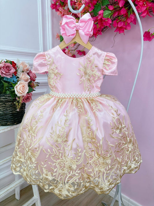Vestido infantil rosa con encaje real y cinturón de perlas 