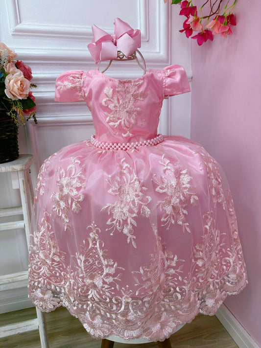 Vestido infantil rosa con encaje de realeza y cinturón de perlas