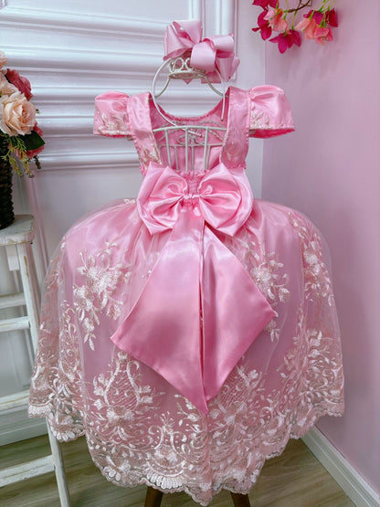 Vestido infantil rosa con encaje de realeza y cinturón de perlas