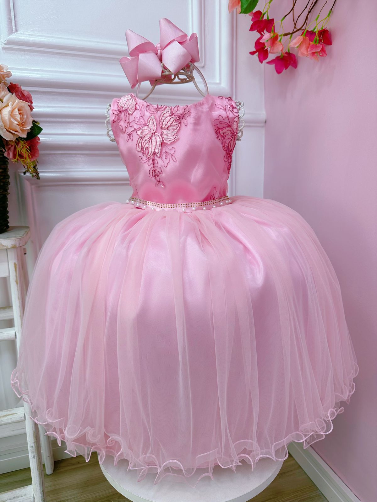 Vestido de dama de honor infantil rosa con cinturón de perlas y diamantes de imitación