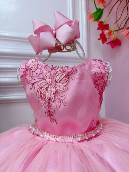 Vestido de dama de honor infantil rosa con cinturón de perlas y diamantes de imitación
