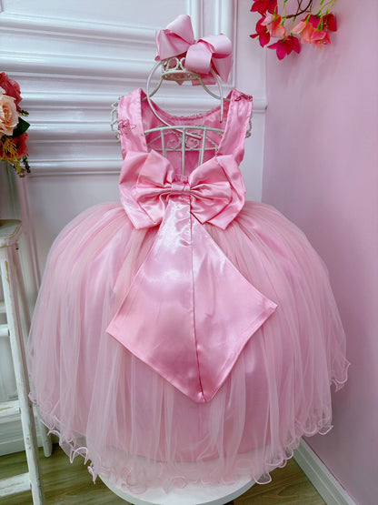 Vestido de dama de honor infantil rosa con cinturón de perlas y diamantes de imitación