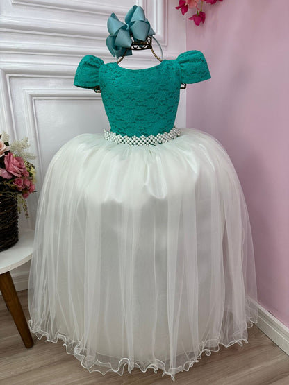 Vestido infantil verde con encaje y falda blanquecina, vestido largo para mujer