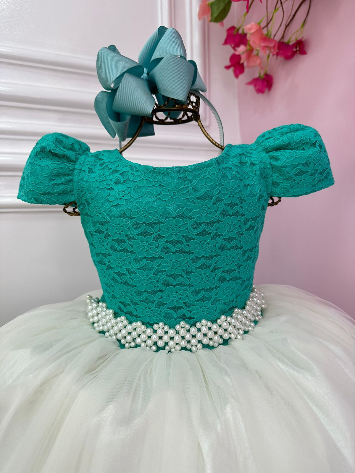 Vestido infantil verde con encaje y falda blanquecina, vestido largo para mujer