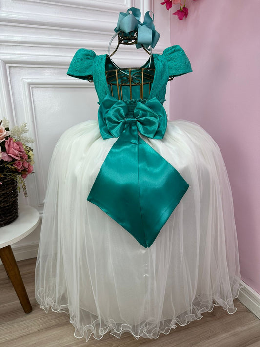 Vestido infantil verde con encaje y falda blanquecina, vestido largo para mujer