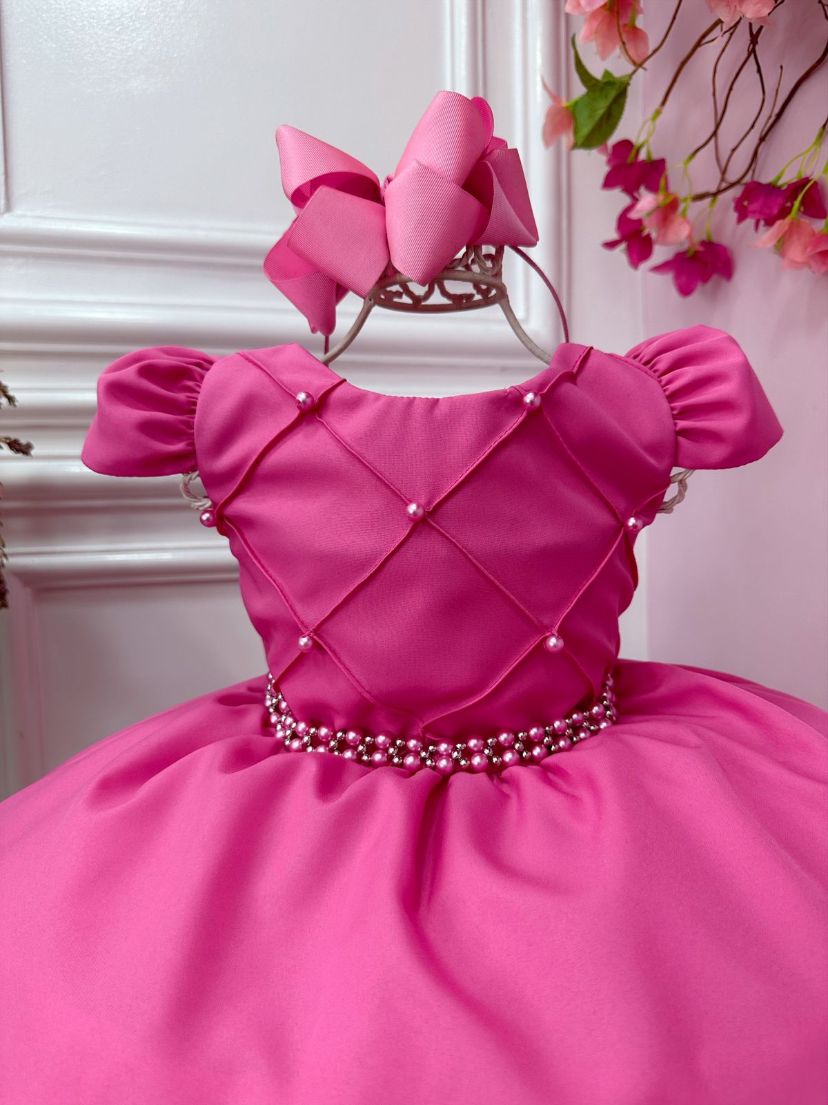 Vestido infantil rosa chicle con busto acanalado y vestido de novia para damas de honor