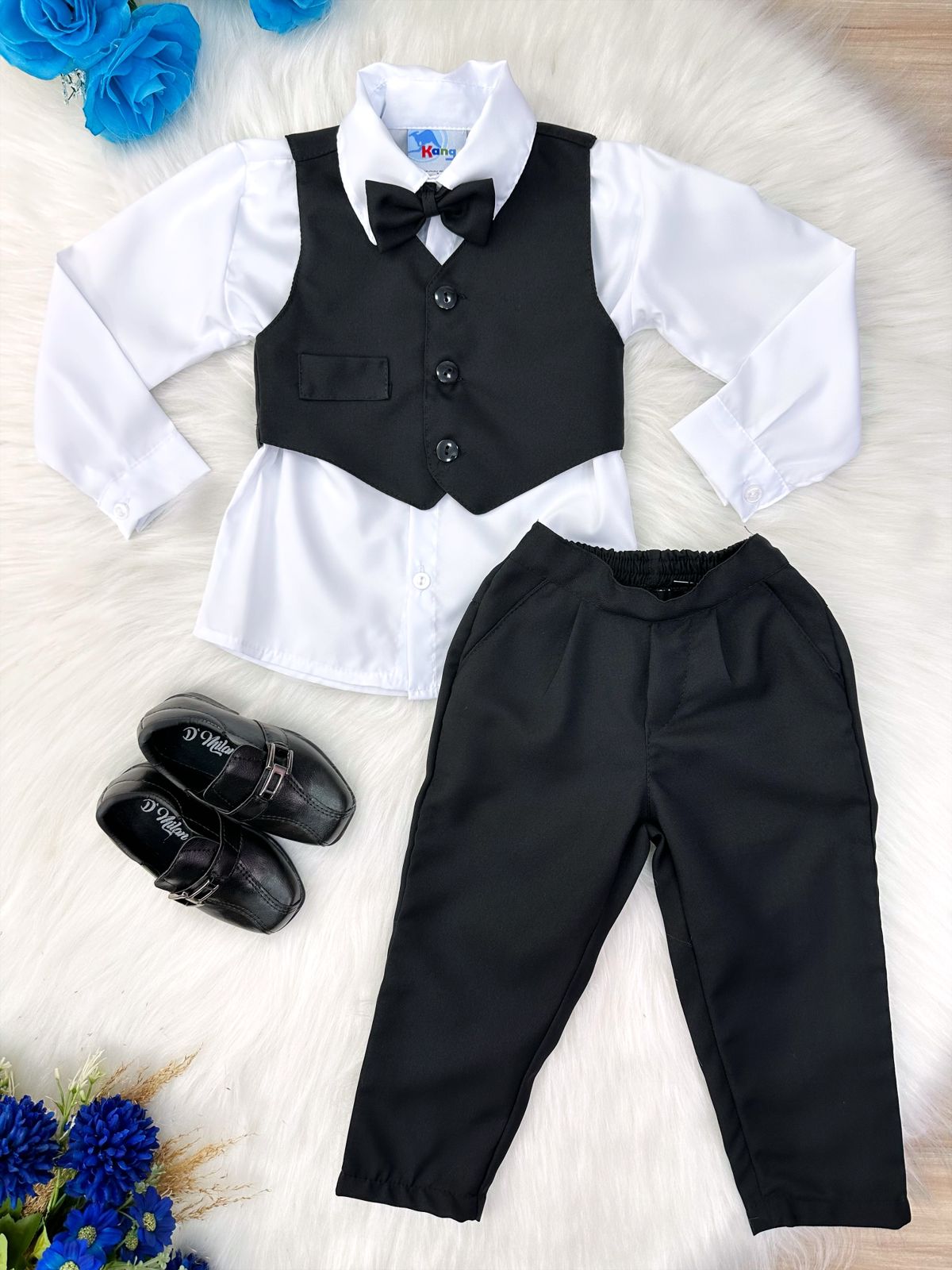 Conjunto Formal Camisa Blanca con Chaleco Pantalón y Corbata Negra