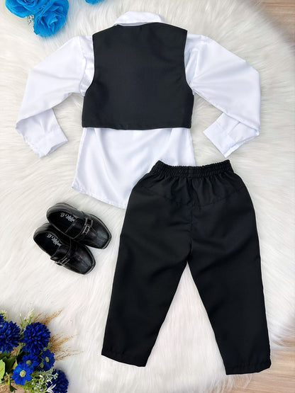 Conjunto Formal Camisa Blanca con Chaleco Pantalón y Corbata Negra