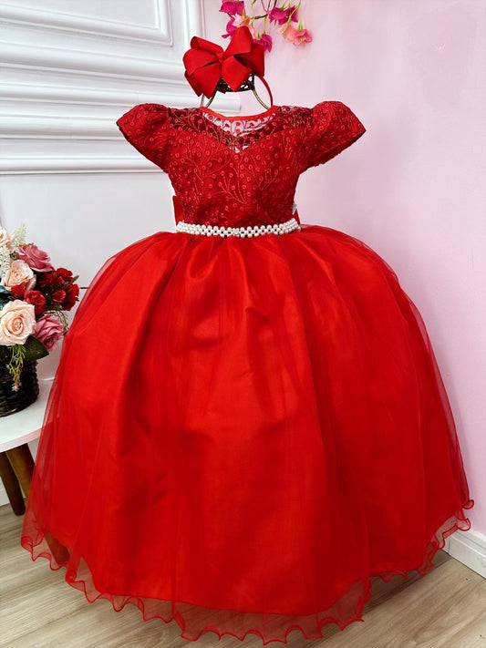Vestido de dama de honor con encaje rojo y perlas para niñas