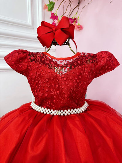 Vestido de dama de honor con encaje rojo y perlas para niñas