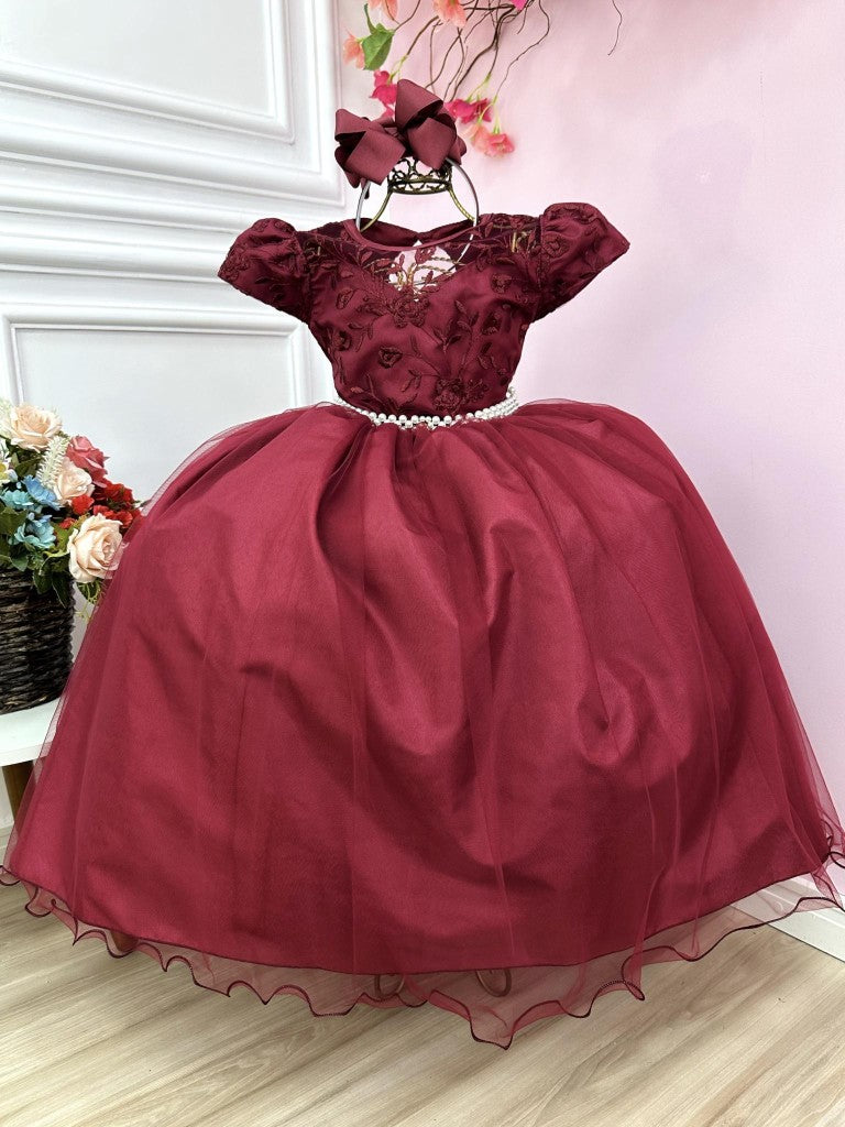 Vestido de dama de honor infantil con bordado Marsala y perlas.