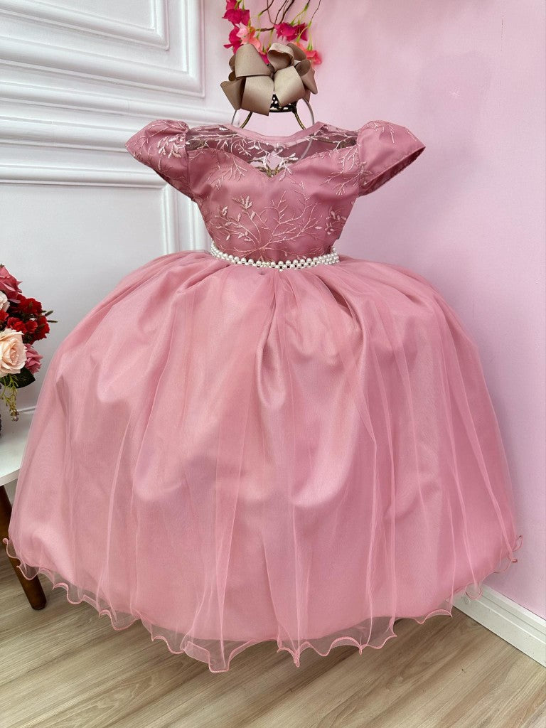 Vestido de dama de honor infantil, vestido de novia rosa con encaje de perlas