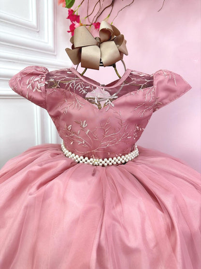 Vestido de dama de honor infantil, vestido de novia rosa con encaje de perlas