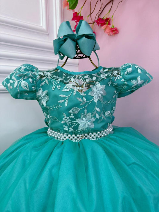 Vestido de novia verde para niña con encaje de perla para dama de honor