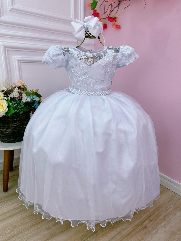 Vestido de dama de honor infantil con encaje de perla blanca para boda