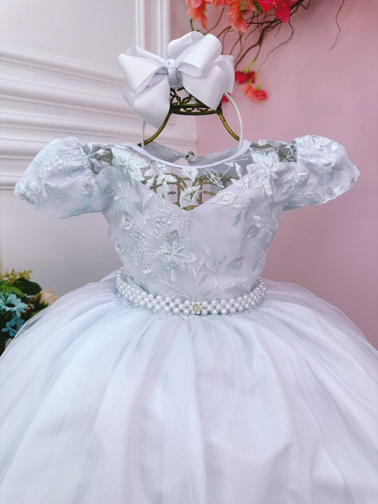 Vestido de dama de honor infantil con encaje de perla blanca para boda
