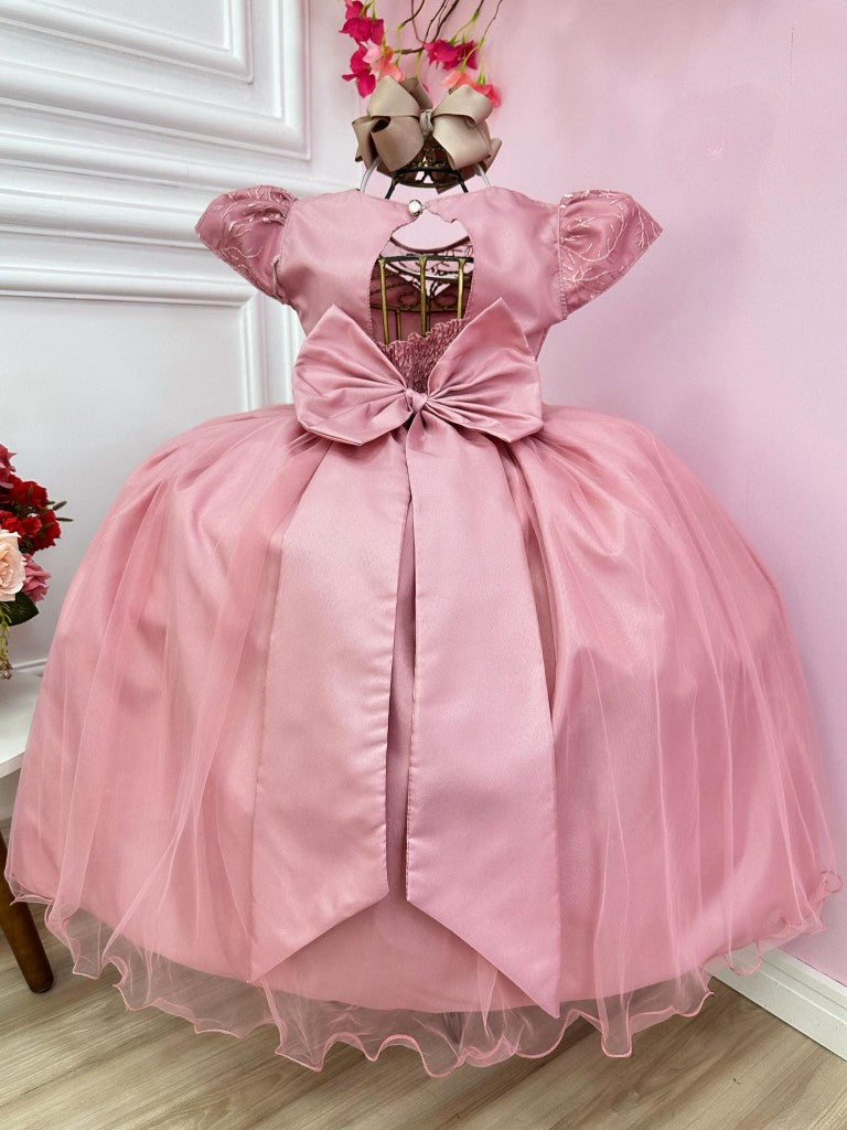 Vestido de dama de honor infantil, vestido de novia rosa con encaje de perlas