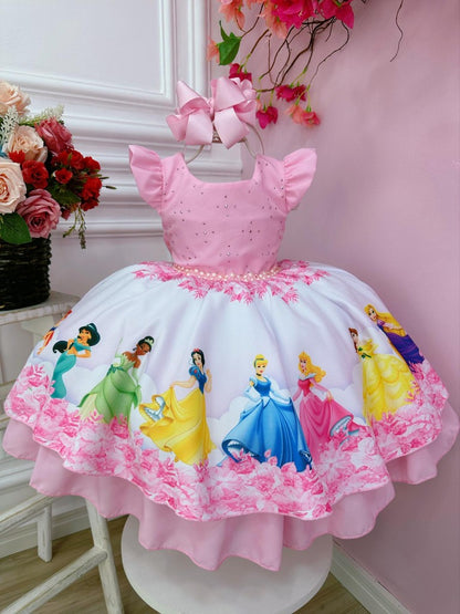 Vestido infantil rosa de princesa Disney con cinturón de perlas