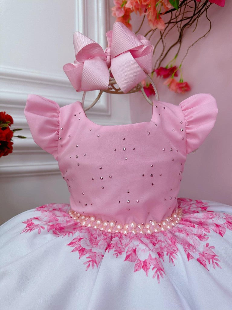 Vestido infantil rosa de princesa Disney con cinturón de perlas
