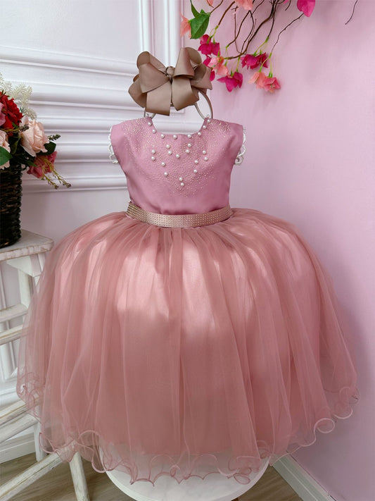 Vestido infantil rosa con pedrería y perlas, de lujo para damas