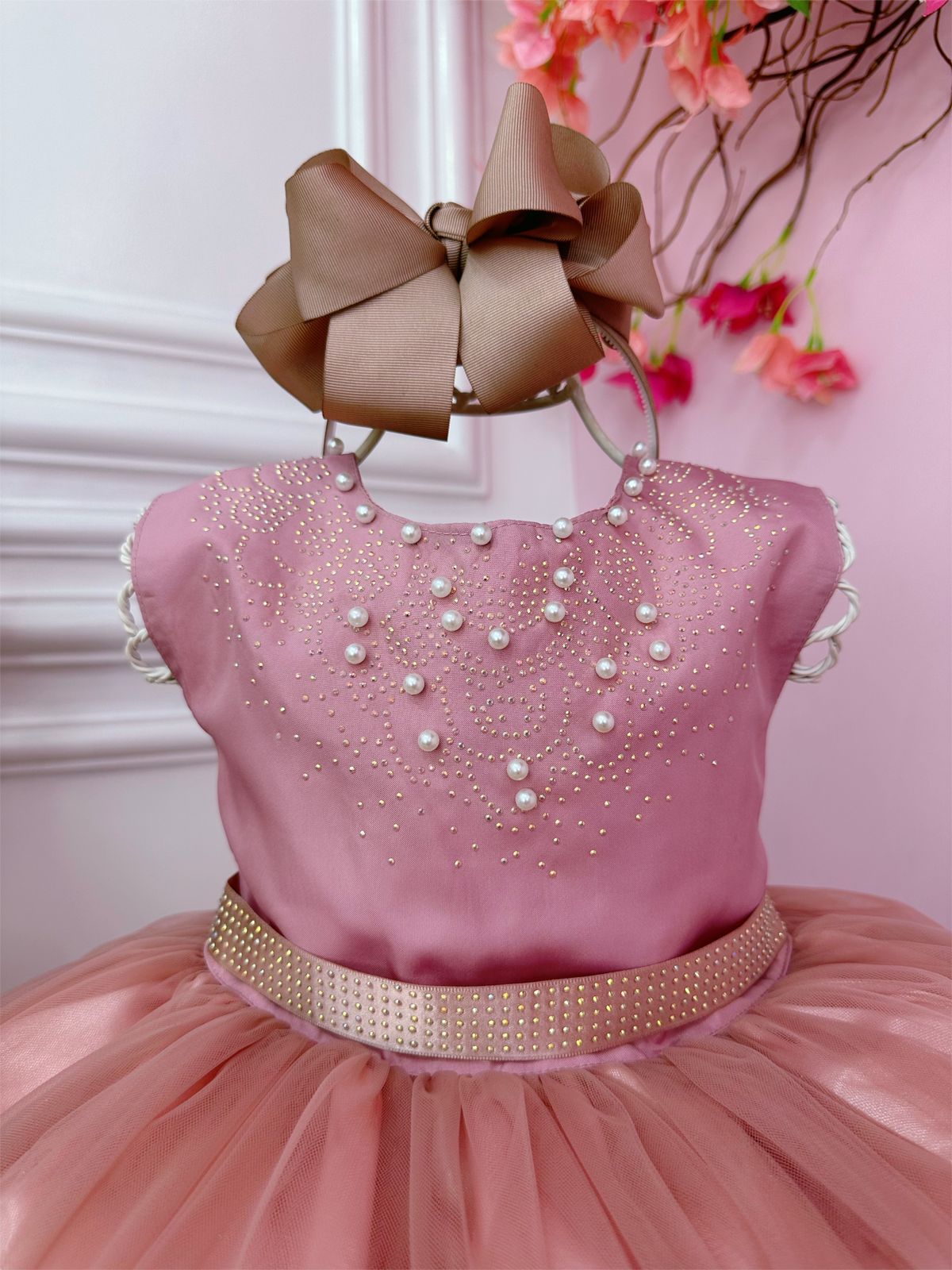 Vestido infantil rosa con pedrería y perlas, de lujo para damas