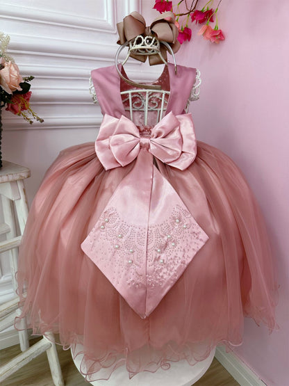 Vestido infantil rosa con pedrería y perlas, de lujo para damas