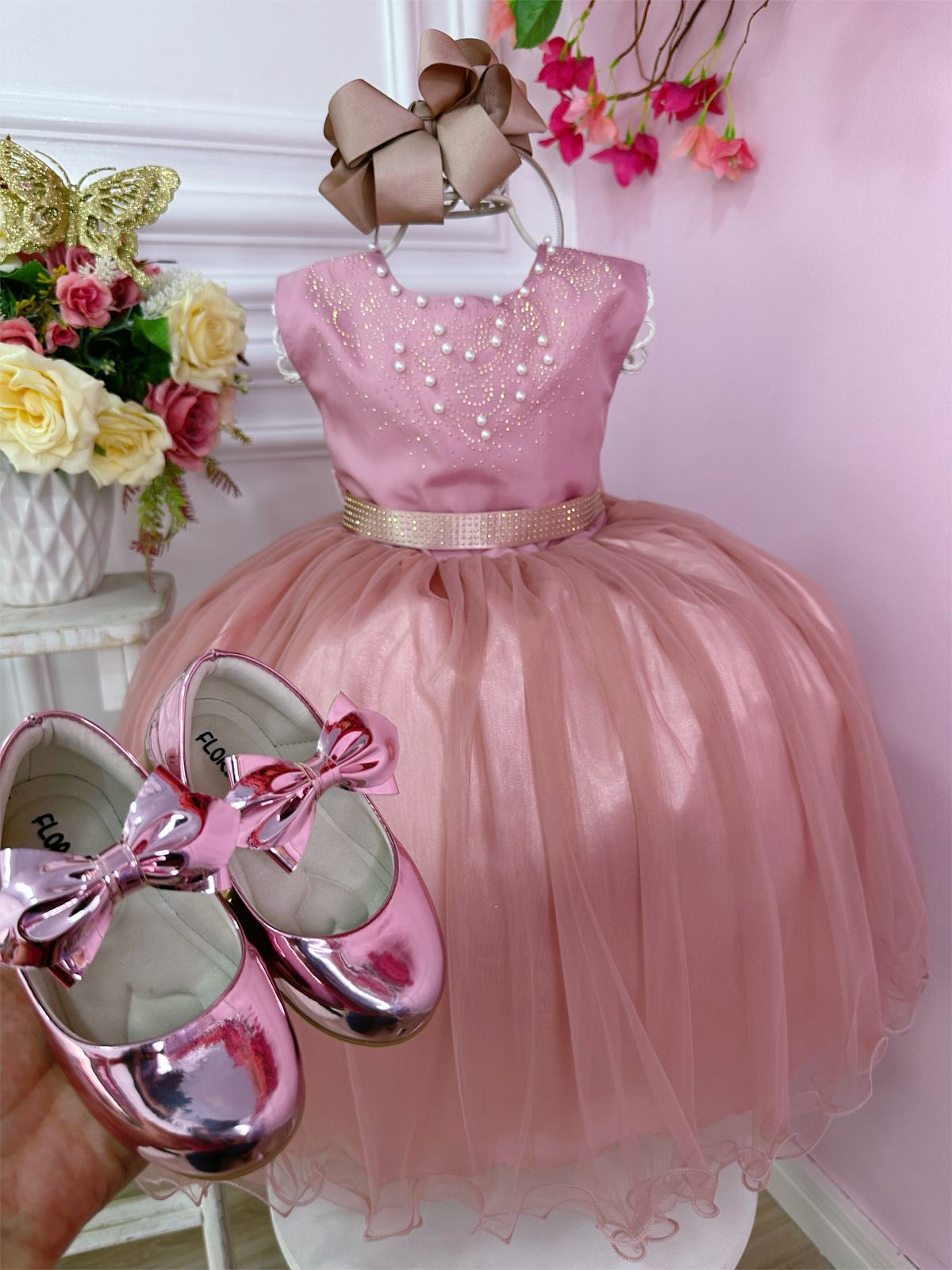 Vestido infantil rosa con pedrería y perlas, de lujo para damas