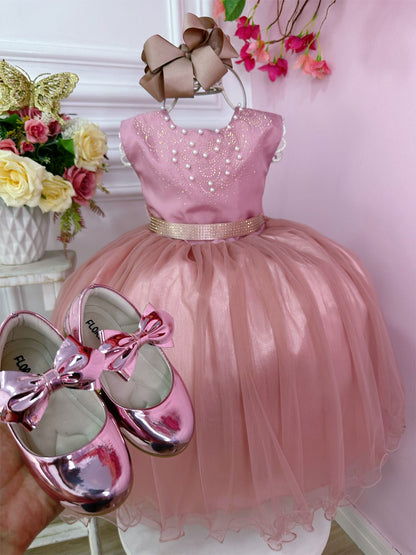 Vestido infantil rosa con pedrería y perlas, de lujo para damas