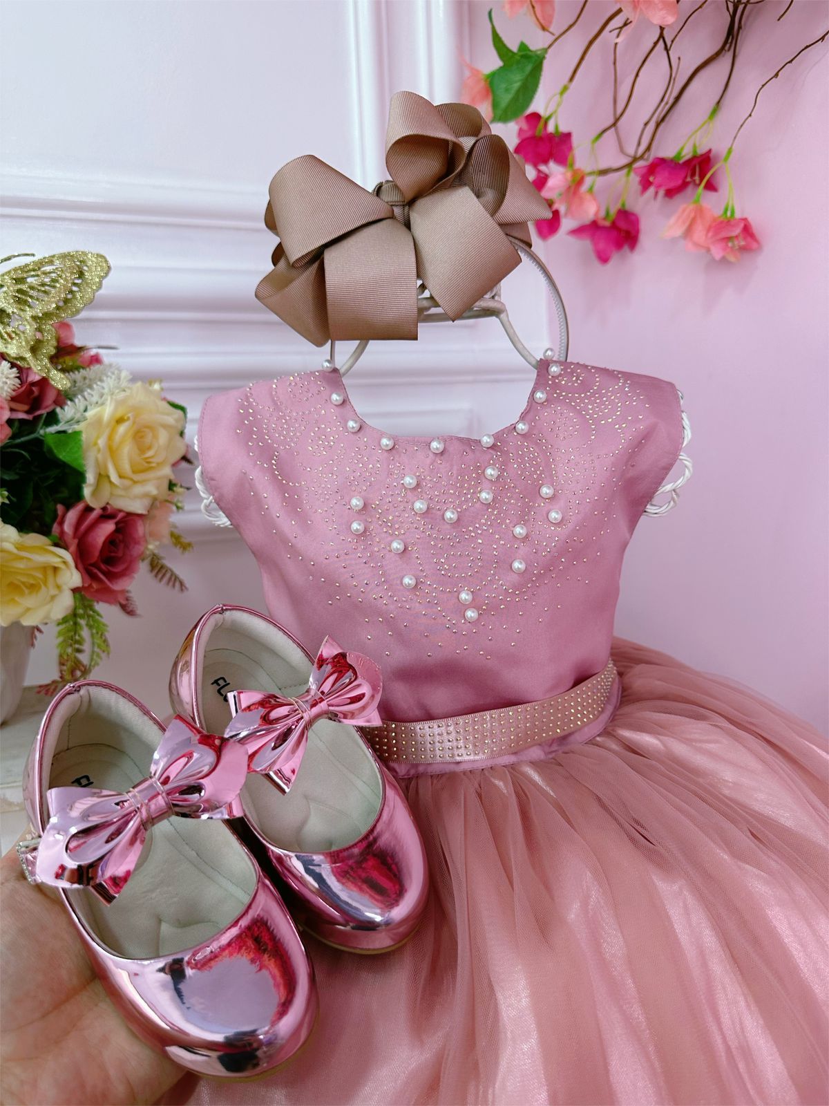 Vestido infantil rosa con pedrería y perlas, de lujo para damas