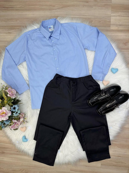 Conjunto formal de camisa azul y pantalón negro de algodón 
