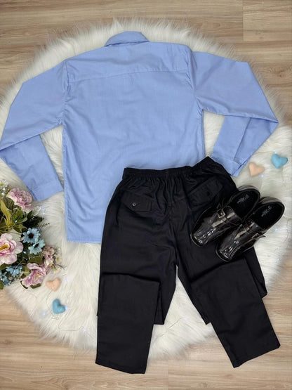 Conjunto formal de camisa azul y pantalón negro de algodón 