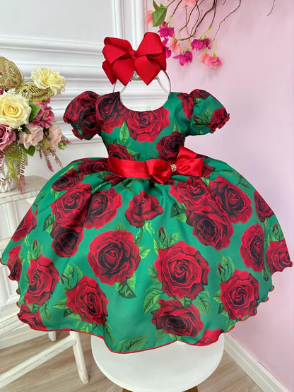 Vestido infantil de rosas con flores verdes para fiesta navideña de lujo