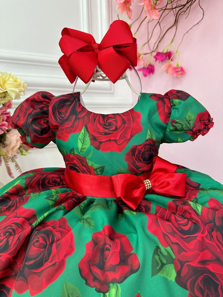 Vestido infantil de rosas con flores verdes para fiesta navideña de lujo