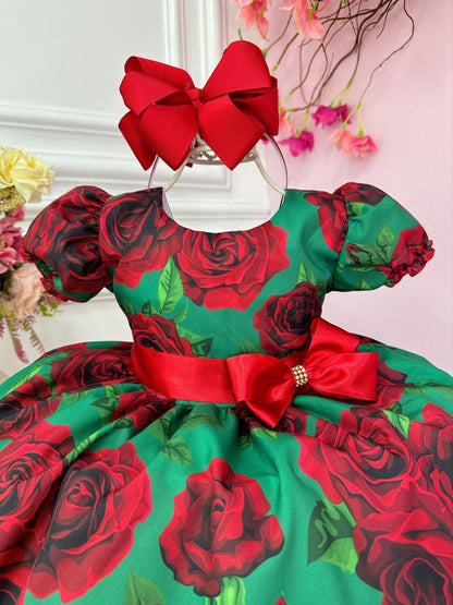 Vestido infantil de rosas con flores verdes para fiesta navideña de lujo