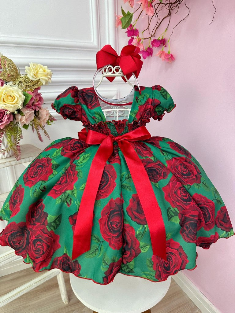 Vestido infantil de rosas con flores verdes para fiesta navideña de lujo