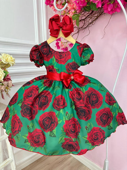 Vestido infantil de rosas con flores verdes para fiesta navideña de lujo