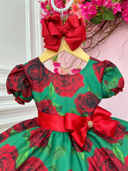 Vestido infantil de rosas con flores verdes para fiesta navideña de lujo