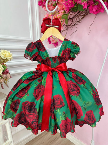 Vestido infantil de rosas con flores verdes para fiesta navideña de lujo