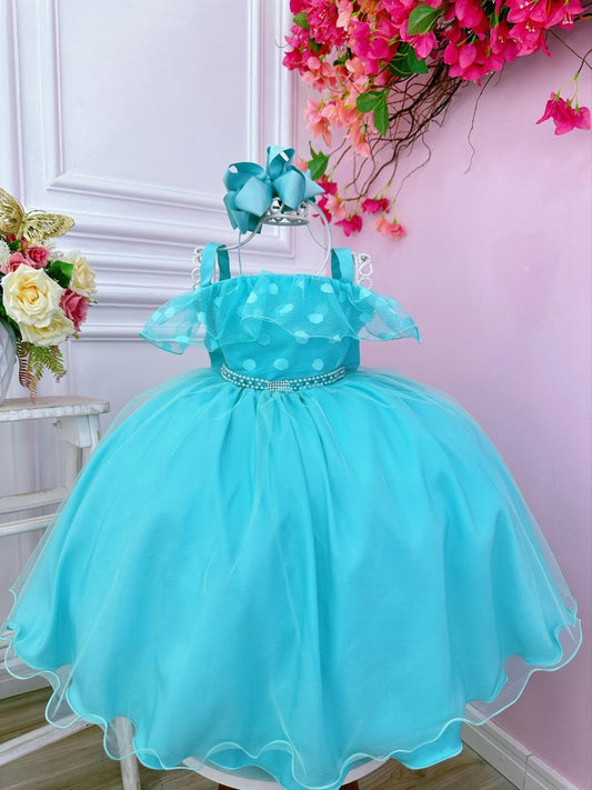 Vestido infantil de lunares verdes con perlas y pedrería 