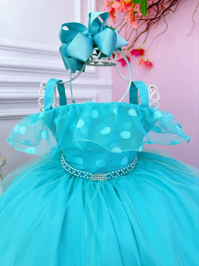 Vestido Infantil Verde Bolinhas C/ Pérolas e Strass