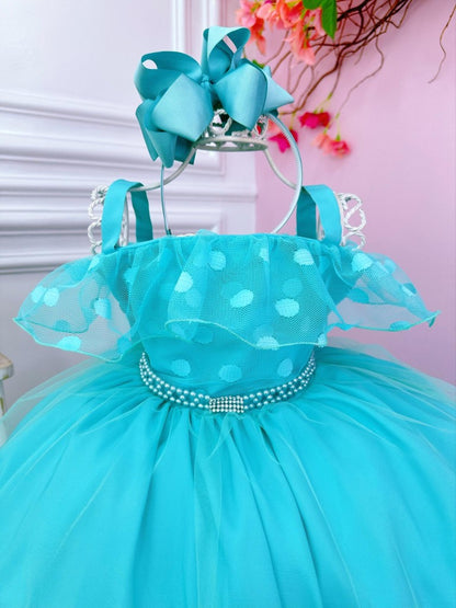 Vestido infantil de lunares verdes con perlas y pedrería 