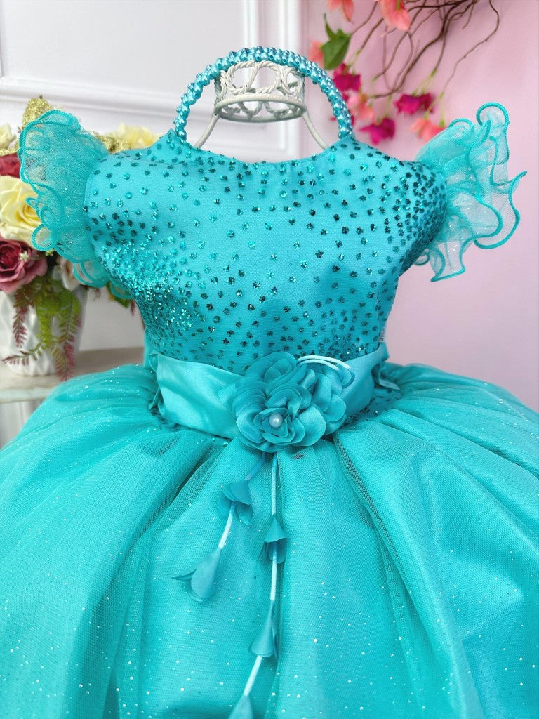 Vestido infantil verde con purpurina y broche de flores de lujo