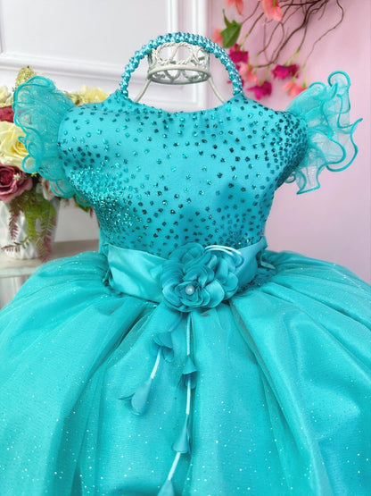 Vestido infantil verde con purpurina y broche de flores de lujo