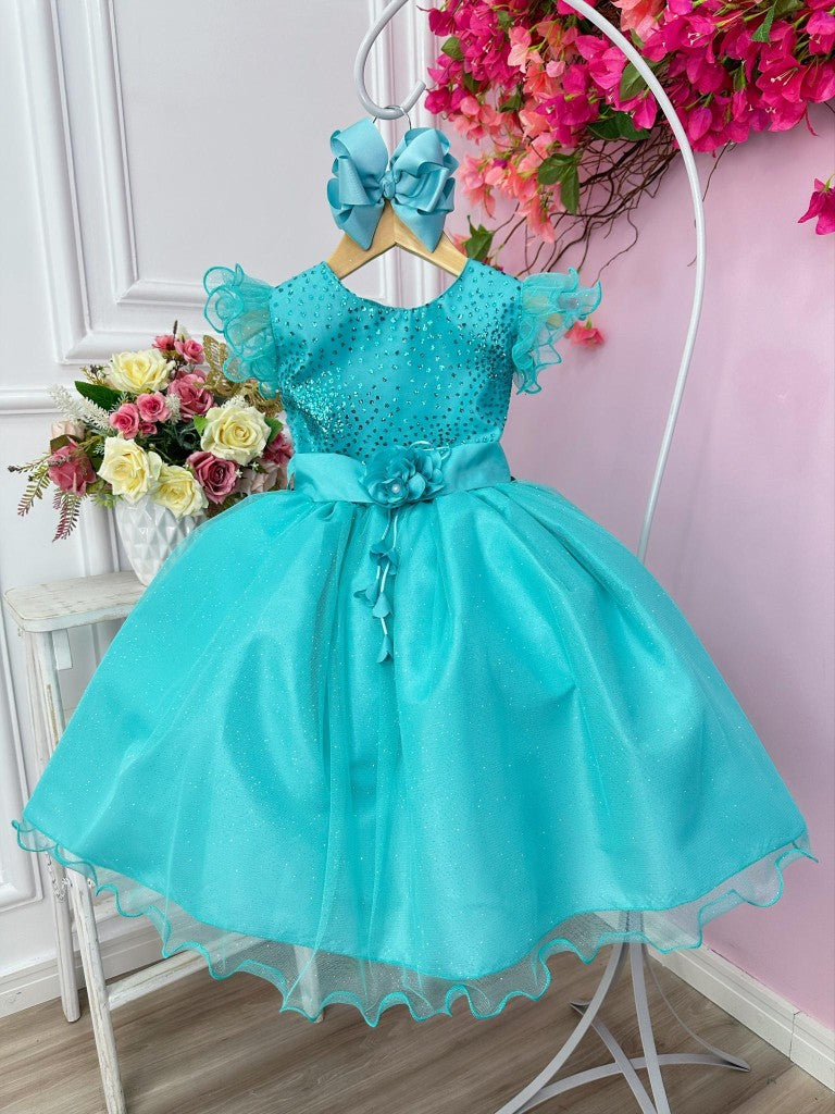 Vestido infantil verde con purpurina y broche de flores de lujo
