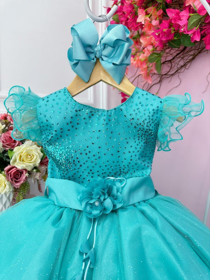 Vestido infantil verde con purpurina y broche de flores de lujo