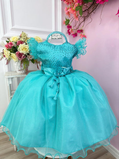 Vestido infantil verde con purpurina y broche de flores de lujo