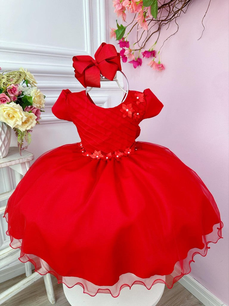 Vestido infantil rojo con busto plisado y flores para fiestas navideñas