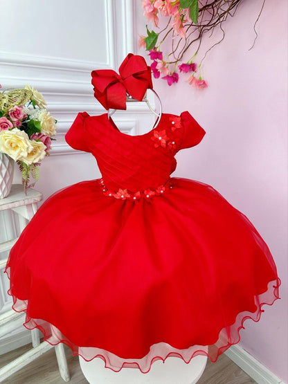 Vestido infantil rojo con busto plisado y flores para fiestas navideñas