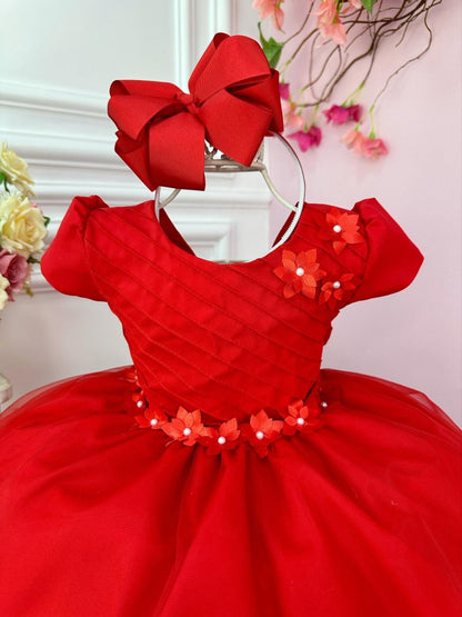Vestido infantil rojo con busto plisado y flores para fiestas navideñas